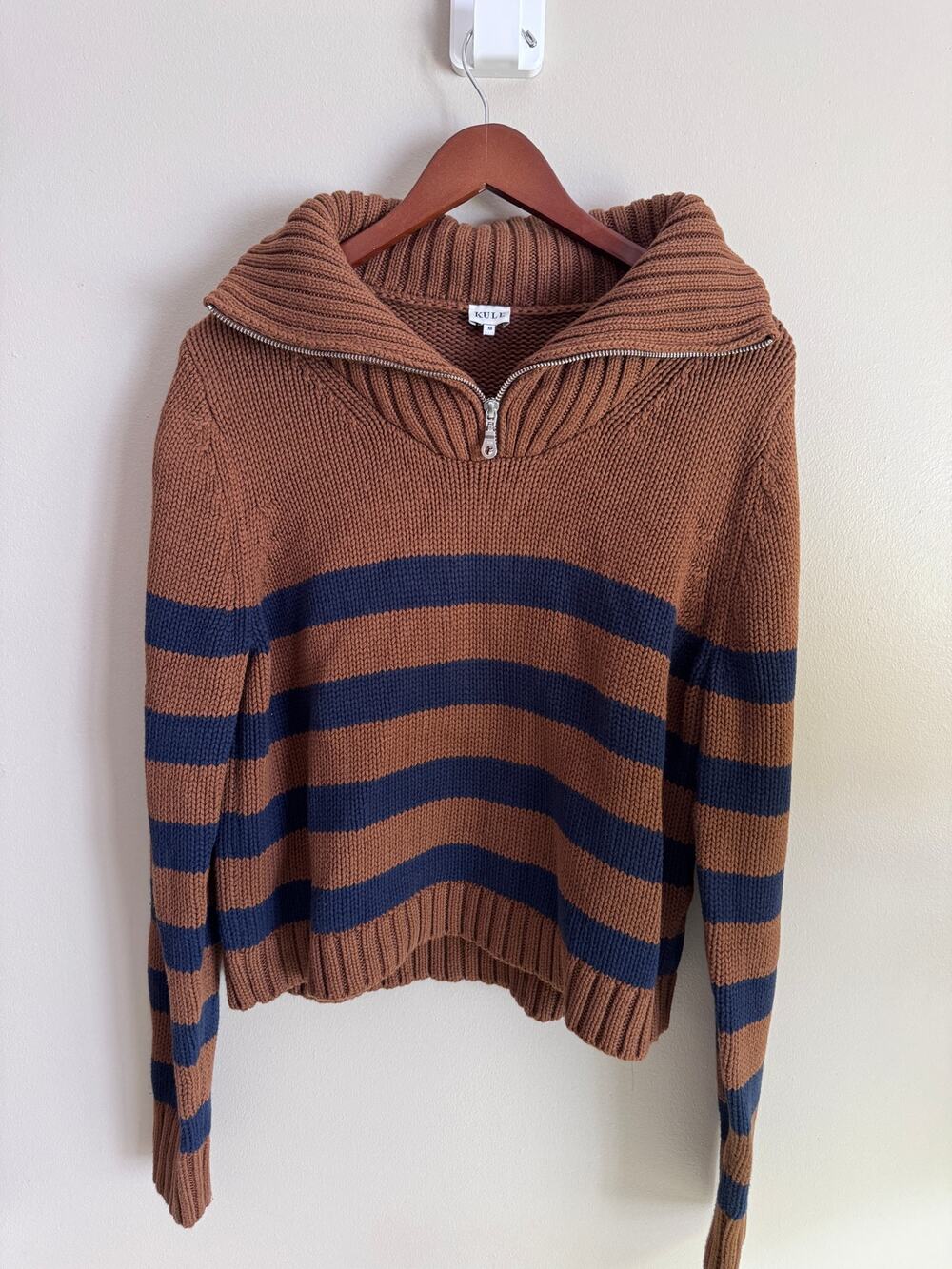 KULE The Matey 100% Cotton Striped Quarter Zip Sweater Brown Navy M